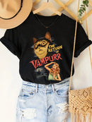 the VAMPURR - The Return of Vanpurr Cat Print Women Crew Neck T-Shirt Short Sleeve Casual Top for Spring/Summer
