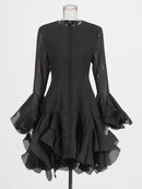 the COURTSY - Solid Spliced Button Slimming Dresses for Women, O-Neck Long Sleeve High Waist Patchwork Ruffles Dress