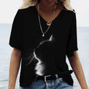 the CAT SILHOUETTE - 3D Print Oversized V-Neck Cat Fashion T-Shirts for Women