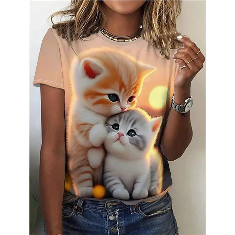 Funny Cat Pattern T Shirt For Women Cute Animal 3D Printed Short Sleeves Summer Oversized T-Shirts O-Neck Tops Tees Streetwear