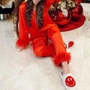 the CUTE & COZY PAJAMA - Christmas Women's 2 Piece Pajama Set Long Sleeve Tassel Flapper Lapel Button Up Shirt Tops Pants Sleepwear Night Wear