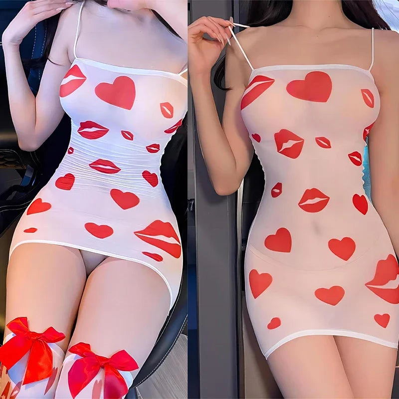 the KISSING BOOTH - Erotic Lingerie Sexy Lip Pattern Bow Strap Tight Wrap Hip Skirt Casual Dress Woman Underwear