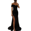the CHLOE - Elegant Gown Dress V-Neck Off Shoulder Sequin Pleated Waist Tight Evening Split Long Maxi Dress