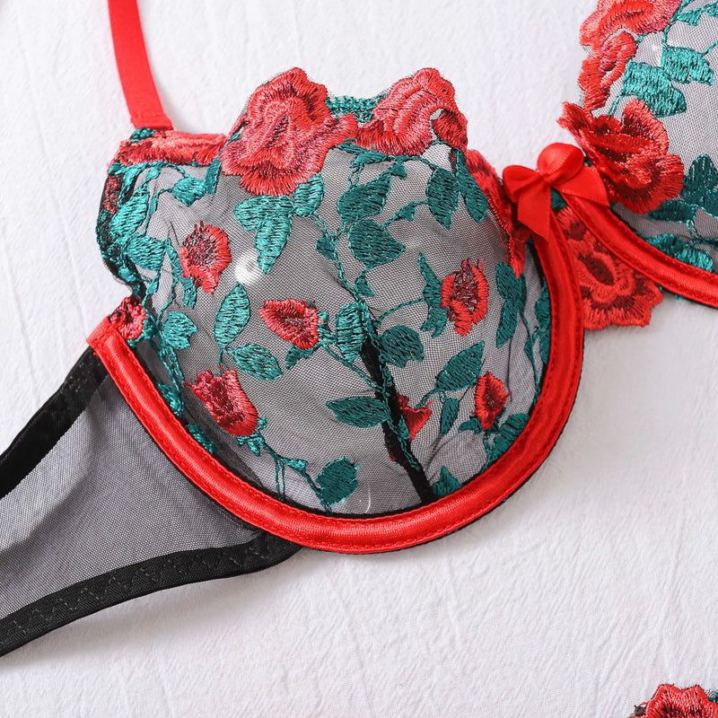 the RED ROSE - Hot Tulle Lingerie Sexy Underwear Lace Floral Embroidery Ensemble Lingerie Two Piece Romantic G-String