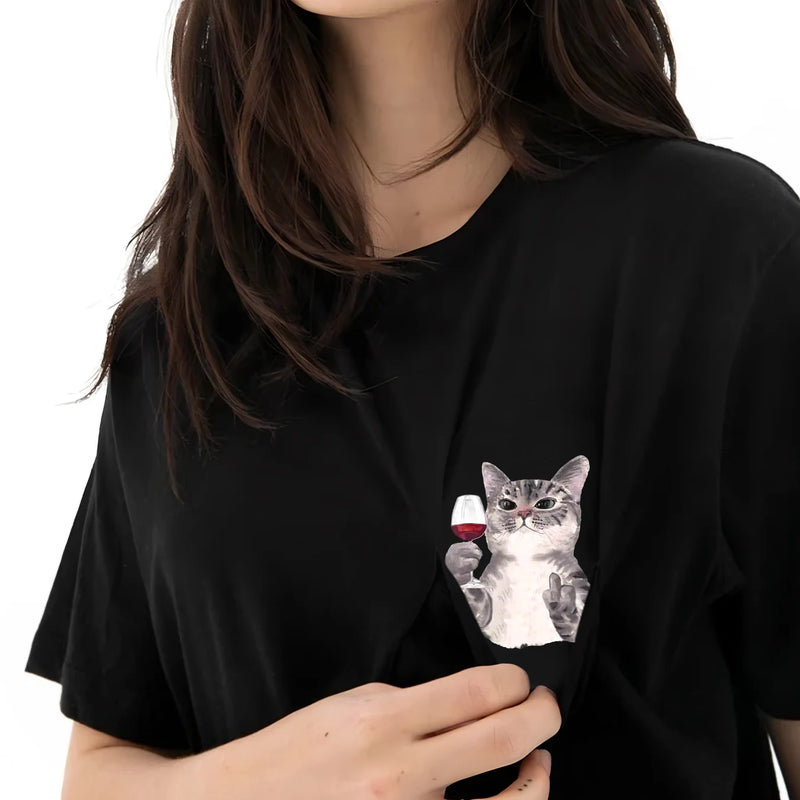 the POCKET CAT - Cat Middle Finger Casual Pocket Cotton T-Shirts