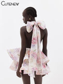 the DIXIE PIXIE - Halter Lace Up Sweet Women Mini Dress, Sexy Backless Ruffle Stacked A-Line Bodycon Female Fashion Princess Party Dress