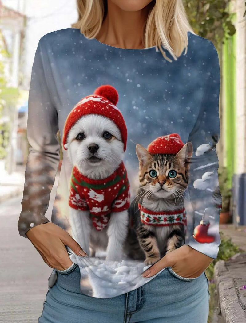 Fashion Christmas Women's Long Sleeved T-shirt Casual Christmas Cute Cat&Dog Holiday gifts Tops Harajuku Animal Women's Clothing