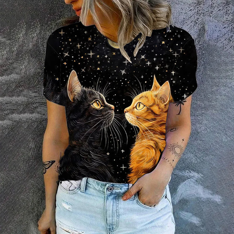 the BIG EYES CAT - Breathable Cat Print Casual Comfortable Loose O-Neck T-Shirt for Women