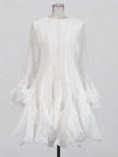 the COURTSY - Solid Spliced Button Slimming Dresses for Women, O-Neck Long Sleeve High Waist Patchwork Ruffles Dress