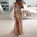 the CHLOE - Elegant Gown Dress V-Neck Off Shoulder Sequin Pleated Waist Tight Evening Split Long Maxi Dress