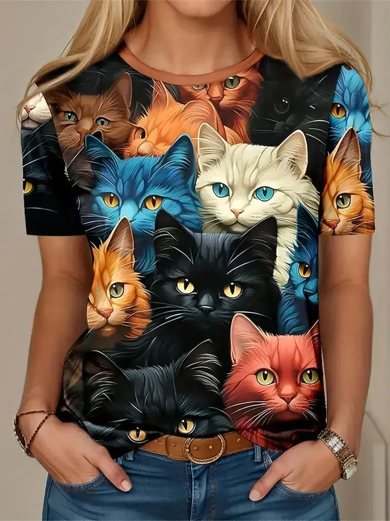 the COLORFUL CAT - 3D Cat Printed Short Sleeved Oversized Pullover T-Shirts for Women