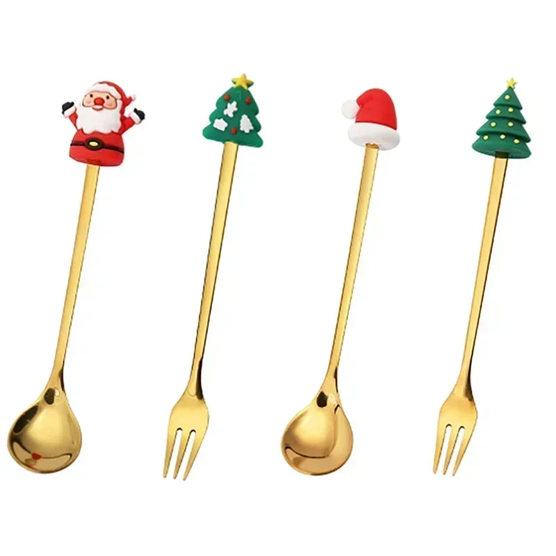 the SPOONFUL - 4pcs Christmas Elk Head Shape Stainless Coffee Spoon New Year Christmas Decoration Table Decor for Home Navidad Gifts