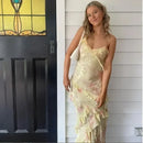 the PRETTY N PINK - Women's Clothing Sleeveless Wave-Edge Sling Dress V-Neck Sexy Ruffles High Waist Colorful Dress