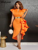 the SUNDAY BEST - Sexy Flare Short Sleeve High Side Split Ruffles Bodycon Midi Dress, Elegant Women Autumn Evening Wedding Party/Birthday Dress