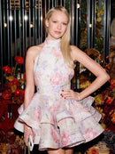 the DIXIE PIXIE - Halter Lace Up Sweet Women Mini Dress, Sexy Backless Ruffle Stacked A-Line Bodycon Female Fashion Princess Party Dress