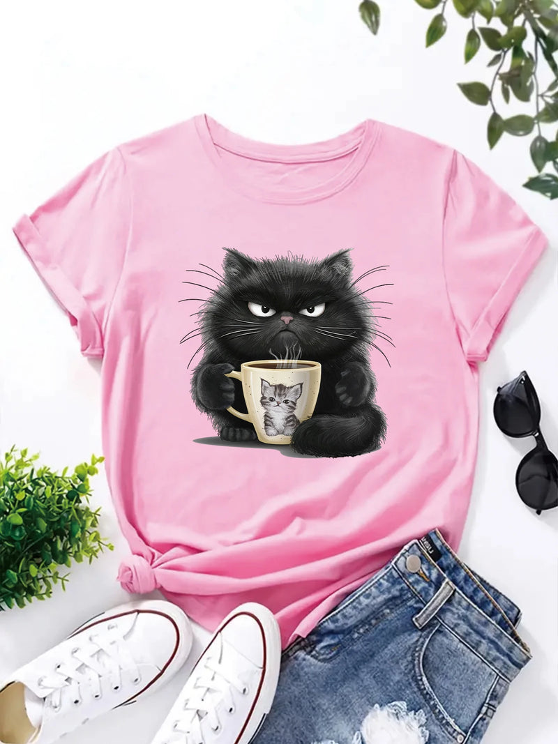 the GRUMPY COFFEE CAT - Cute Coffee Drinking Cat Short Sleeved O-Neck Casual T-Shirt for Women