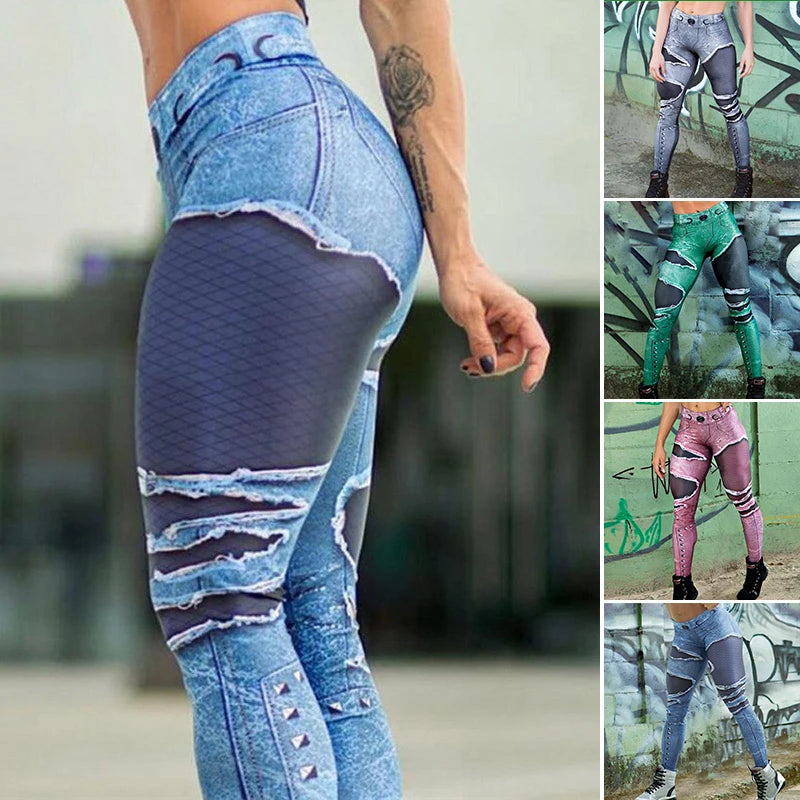 the STREETWEAR YOGA - High Waist Denim Yoga Leggings Push Up Jeans Sports Pants Gym Tights Running Tummy Control Workout Pencil Trousers Sportswear