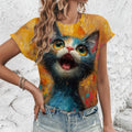 Fashionable And Comfortable Street Quirky Fun Cat Print Plus Size T-shirt For Daily Lightweight Women's O-neck Short Sleeved Top