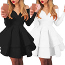 the ROYALE - Elegant Women Long Sleeve V-Neck Off Shoulder Large Swing Ruffled Hem Mini Dress