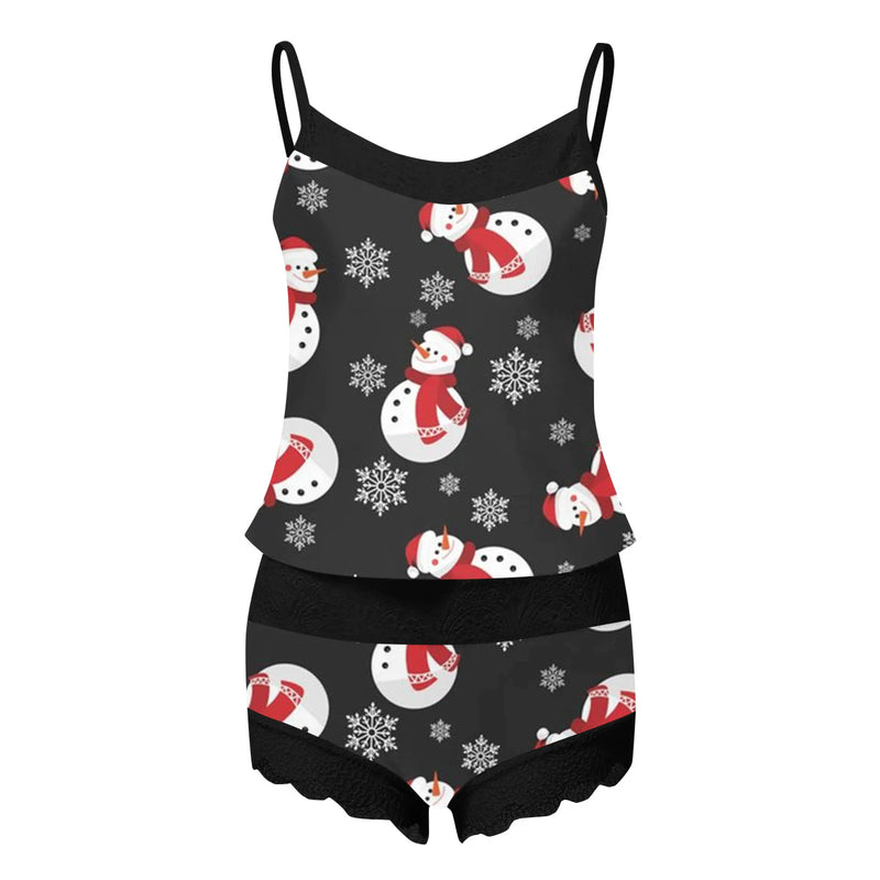 the SHORTY SANTA - Christmas Shorts Suits Sexy Sleepwear Lingerie Cute Cartoon Santa Claus Print Women Lace Stitching Slings Tops + Shorts Sets