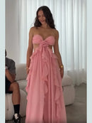 the PINK PRINCESS - Flounce Flower Pink Ladies Dinner Maxi Dress, Elegant Strapless Backless Pleat Sleeveless Sexy Spring New Chic Splicing Gown