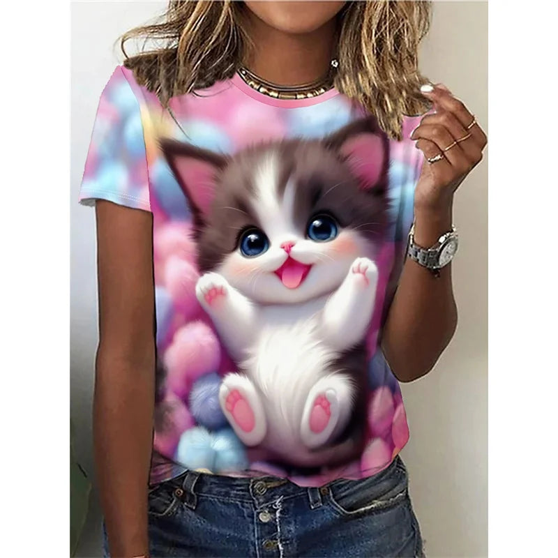 Funny Cat Pattern T Shirt For Women Cute Animal 3D Printed Short Sleeves Summer Oversized T-Shirts O-Neck Tops Tees Streetwear