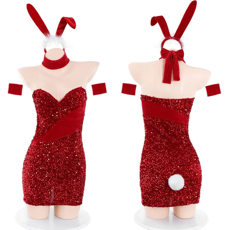 the X-MAS BUNNY - Erotic Lingerie Sexy Rabbit Girl Sequins Uniform Temptation Red Christmas Bustier Dress Nightclub