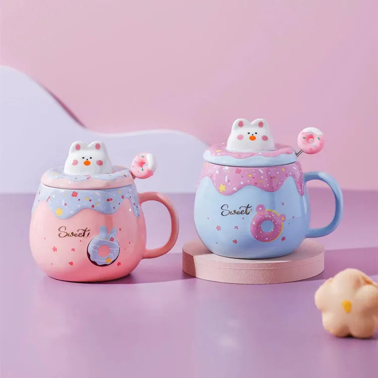 Cute Donut Ceramic Coffee Mug with 3D Animal Cat Lid and Stirrer, Kids Water Cup, Creative, Large Capacity, Gift for Girl, 400ml