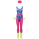 the 80'S RETRO WORKOUT - 6Pcs/Set Adult Retro 80s Hippie Disco Cosplay Costume Jumpsuit Headband Sportwear Outfits Halloween Carnival Party Suit