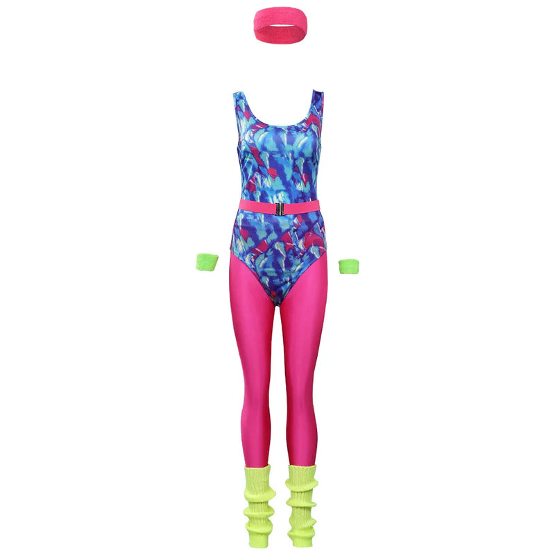 the 80'S RETRO WORKOUT - 6Pcs/Set Adult Retro 80s Hippie Disco Cosplay Costume Jumpsuit Headband Sportwear Outfits Halloween Carnival Party Suit