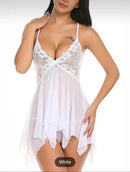 the BABY DOLL - Sexy Crotchless Lingerie Women Lace Hollow Bra Set Erotic Costumes Teddy Baby Doll Dress Deep V Open Bra Underwear Set