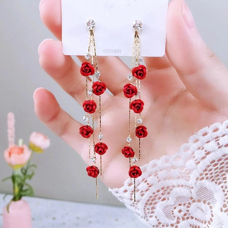 the FLOWER GIRL - Red Rose Zircon Stud Earrings Luxury Crystal Flower Snowman Pearl Christmas Earrings Bride Wedding Jewelry Gift