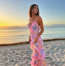 the PRETTY N PINK - Women's Clothing Sleeveless Wave-Edge Sling Dress V-Neck Sexy Ruffles High Waist Colorful Dress