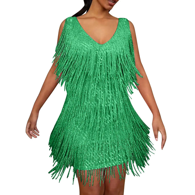 the TINA - Sexy Tassel Sequins Feather Mini Dress Spaghetti Strap Dresses Elegant Evening Party Club Dress