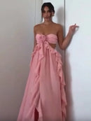 the PINK PRINCESS - Flounce Flower Pink Ladies Dinner Maxi Dress, Elegant Strapless Backless Pleat Sleeveless Sexy Spring New Chic Splicing Gown