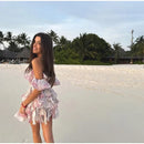 the SIXTEEN CANDLES - Sexy Flare Sleeve V-Neck Printed Mini Dress, Fashion Pleated A-line High Waist Gown New Lady Summer Evening Party/Club Dress