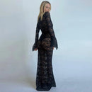 the LACE LUNCH DATE - Lace Transparent Sexy Hollow Out Maxi Dress, Elegant Outfits Women Flare Sleeve V-Neck Party/Club Dresses