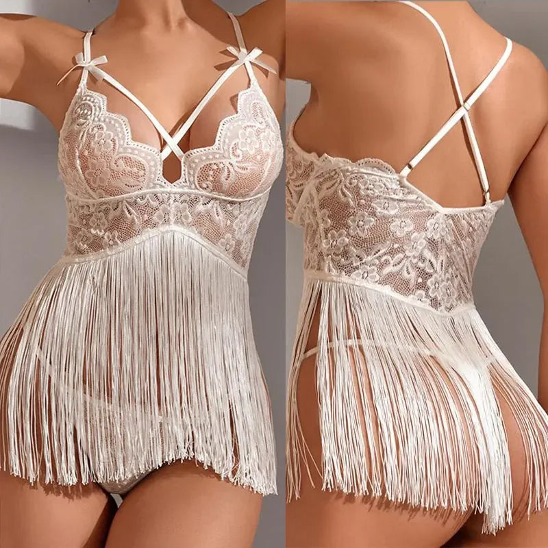 the FRINGE FLAPPER NIGHTIE - Hot Nightie for Ladies See Through Sleepwear Sexy Pajamas Floral Mesh Nightgowns Outfit Sexy Lace Night Dress Lingerie