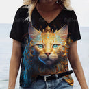 the ROYAL CAT - 3D Cat Print Casual Short Sleeve V-Neck Oversized T-Shirts for Women