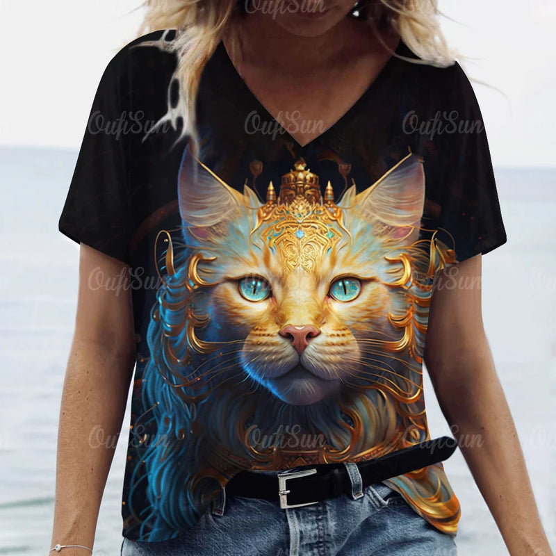 Animal Shirt For Women 3d Cat Print Summer Casual Short Sleeve V-Neck Women's T-Shirts Overszied Clothing Cute Female Tops