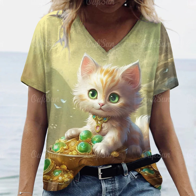 Animal Shirt For Women 3d Cat Print Summer Casual Short Sleeve V-Neck Women's T-Shirts Overszied Clothing Cute Female Tops