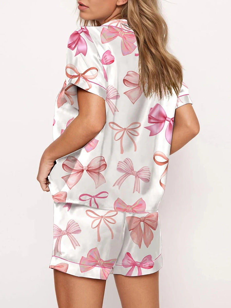 the BOW PEEP PAJAMAS- Pink Bow Silk Pajama Sets 2 Piece Preppy Pajamas Shorts Cute Short Sleeve Matching Lounge Shirts Sets