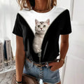 Cute Cat Print Crew Neck T-Shirt Casual Short Sleeve T-Shirt For Spring&Summer Women's Clothing Fashion Trend Pullover Tops