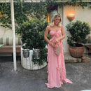 the PINK PRINCESS - Flounce Flower Pink Ladies Dinner Maxi Dress, Elegant Strapless Backless Pleat Sleeveless Sexy Spring New Chic Splicing Gown