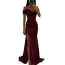 the CHLOE - Elegant Gown Dress V-Neck Off Shoulder Sequin Pleated Waist Tight Evening Split Long Maxi Dress
