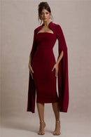 the MERLOT - Cape Long Sleeve Sexy Midi Dress for Women Autumn/Winter New Square Collar Back Slit Bodycon Club Party Long Dress