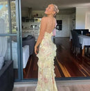 the PRETTY N PINK - Women's Clothing Sleeveless Wave-Edge Sling Dress V-Neck Sexy Ruffles High Waist Colorful Dress