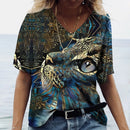the RAINBOW KITTY - V-Neck T-shirt Women's Summer Casual Oversize Dazzle Color Cats Print Shirt Short Sleeve Top Vintage Streetwear