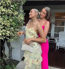 the PRETTY N PINK - Women's Clothing Sleeveless Wave-Edge Sling Dress V-Neck Sexy Ruffles High Waist Colorful Dress