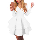 the ROYALE - Elegant Women Long Sleeve V-Neck Off Shoulder Large Swing Ruffled Hem Mini Dress